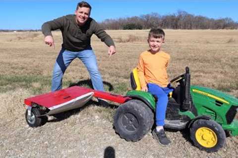 Using kids tractor to mow grass with new hay cutter | Tractors for kids