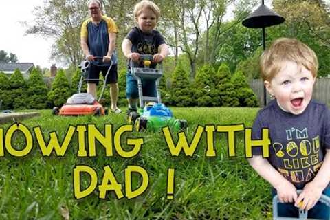 KIDS AND LAWNMOWERS | Two-Year-Old Helps Mow the Lawn | String Trimmer