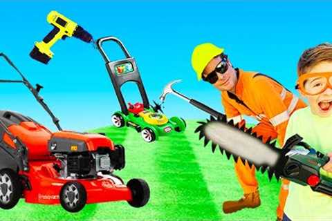 Lawn mower weed eater videos for toddlers | blippi toy | min min playtime kids fix it with Tools set