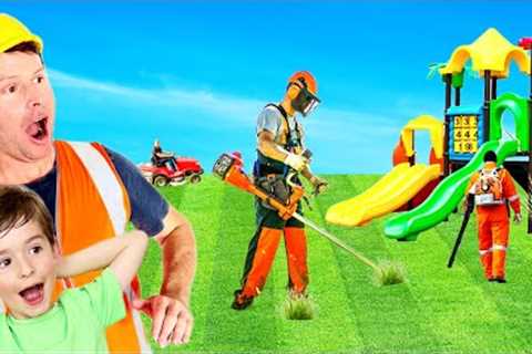 Lawn mower, weed wacker, leaf blower, blippi toys and trucks for Kids Video | min min playtime